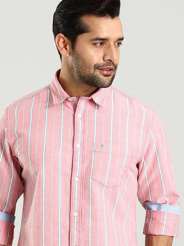 Indian Terrain Men's Regular Fit Full Sleeve Striped Pink Shirt